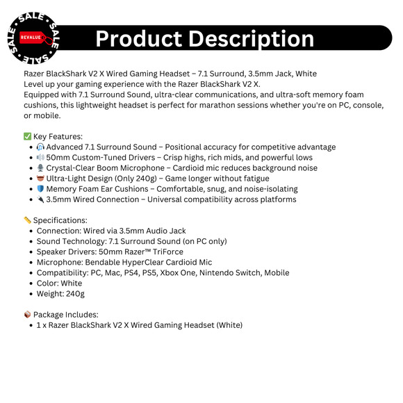 Razer‎ BlackShark V2 X Wired Gaming Headset 7.1 Surround PC Mac PS5 Switch White - Picture 2 of 13